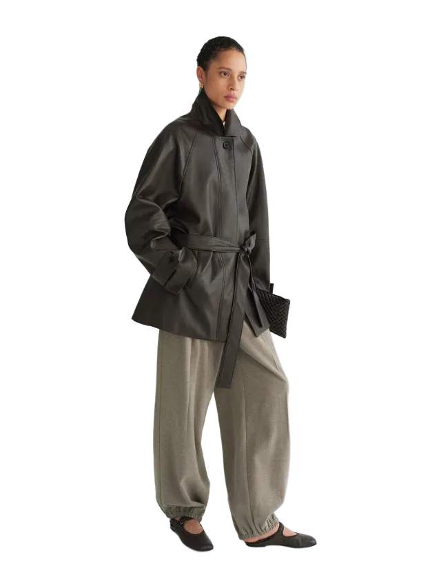 Pixie Market Dark Brown Leather Funnel Neck Belted Jacket