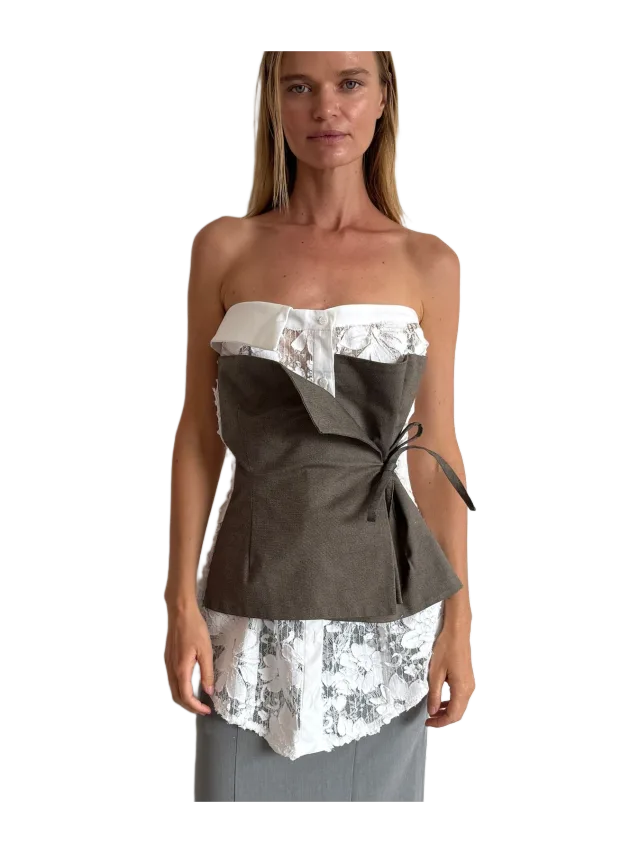 Aaizél DECONSTRUCTED LACE WRAP TOP in SMOKE/WHITE LACE