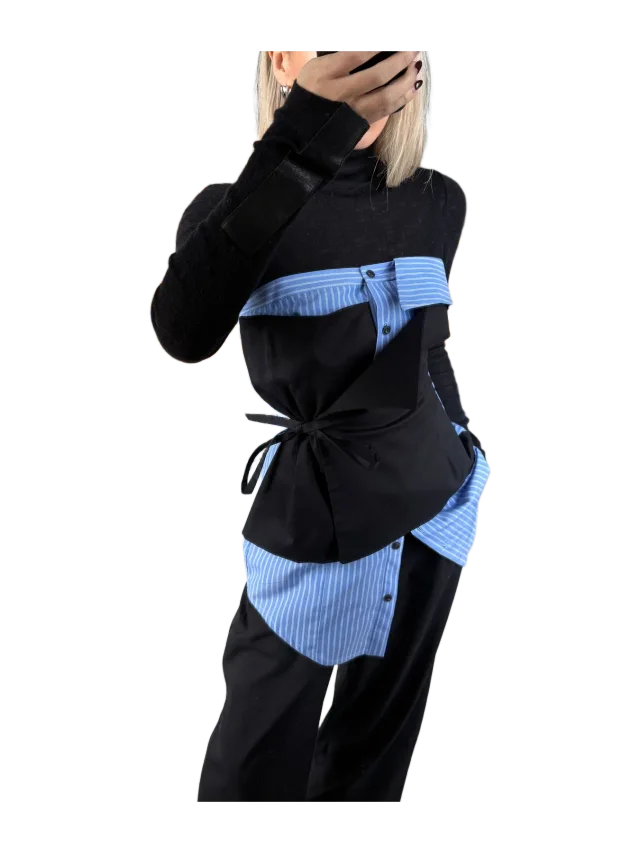Aaizél DECONSTRUCTED WRAP SHIRT TOP in BLUE STRIPE/BLACK