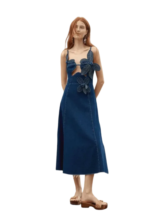 Farm Rio Denim 3D Flower Cut-Out Midi Dress