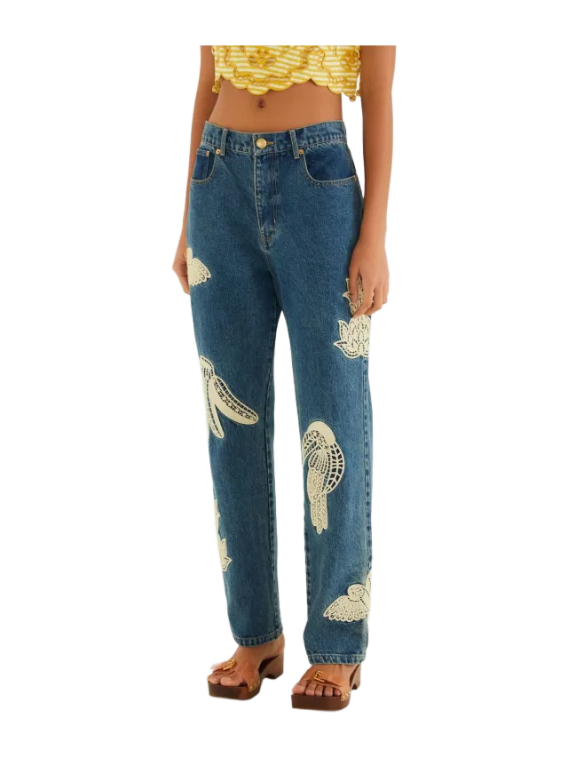 Farm Rio Denim Birds Embroidered Pants