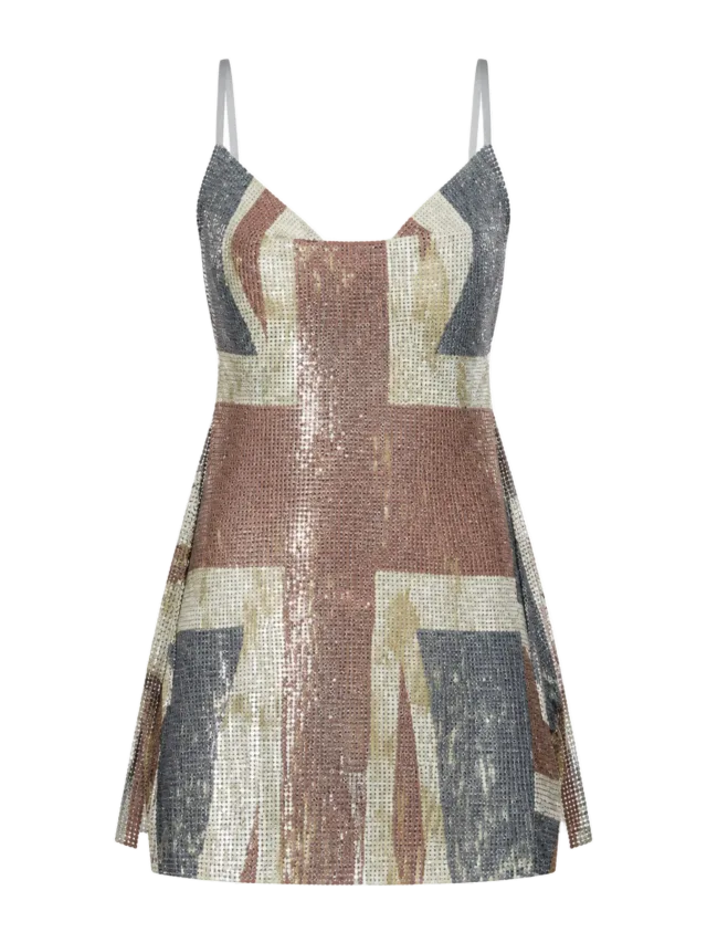 Sinead Gorey Distressed Union Jack Flag Printed Chainmail Mini Dress