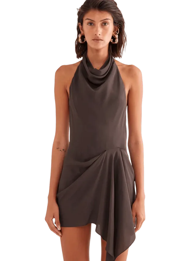Venroy Draped Halter Mini Dress - Dark Chocolate