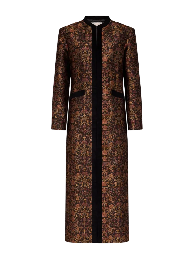 DESTREE Eden Garden floral jacquard long coat — Black and rust