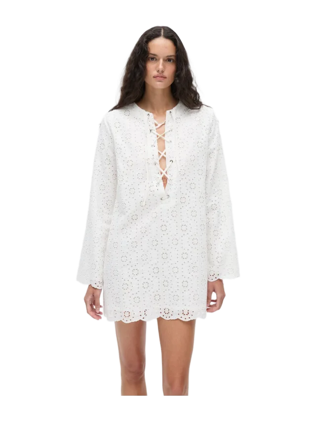 Anim Elise Embroidered White Mini Dress With Lace Tie Details