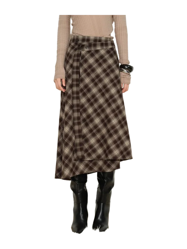 Fabrique Elle Bias Cut Plaid Wrap Skirt in Lightweight Flannel