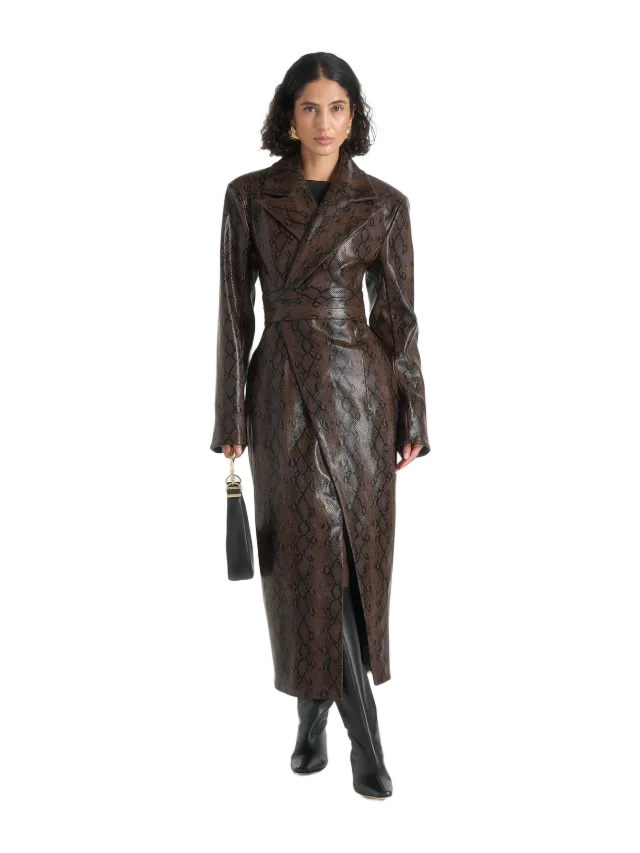 Manière de Voir Esma - Python Asymmetric Coat with Cinch Belt - Brown