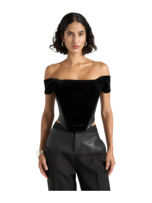 Manière de Voir Fae - Velvet & Leather Bardot Corset Top - Black