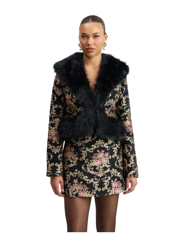 Avec Les Filles Faux-Fur Trimmed Flocked Brocade Jacket