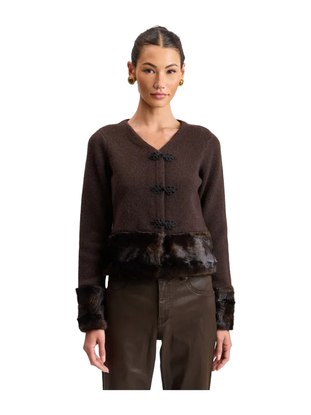 Avec Les Filles Faux Fur-Trimmed Frog-Closure Cardigan