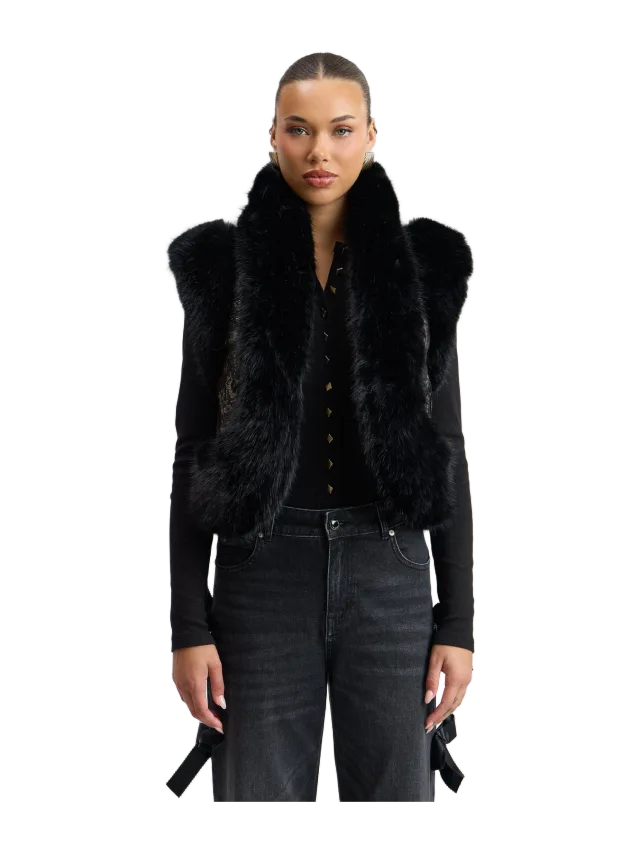 Avec Les Filles Faux-Fur Trimmed Jacquard Cropped Vest