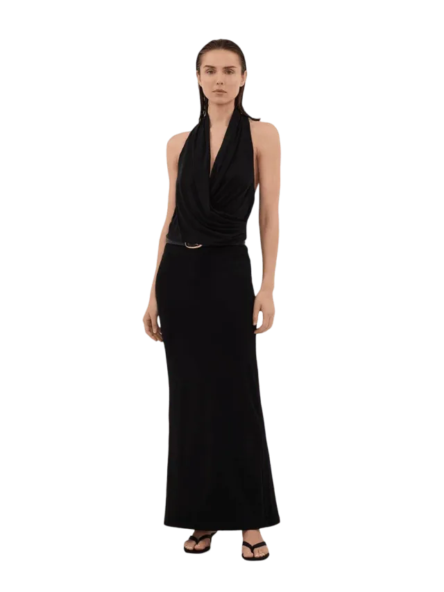Dissh FELICITY BLACK SLEEVELESS HALTER MIDI DRESS