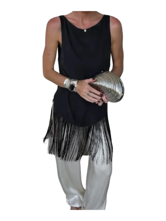 FIORA BLACK CUPRO FRINGE TOP