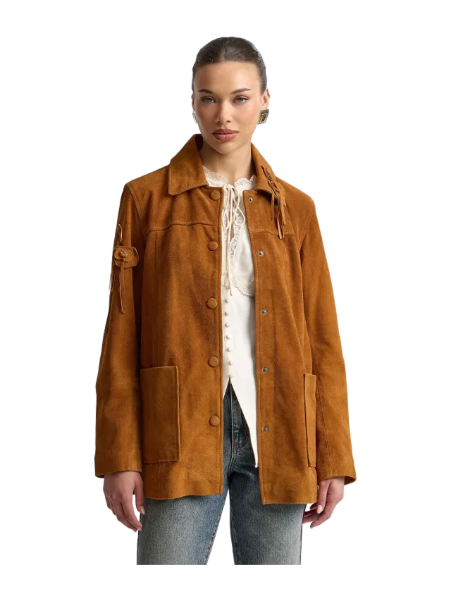 Avec Les Filles Floral Appliqué Genuine Suede Shacket