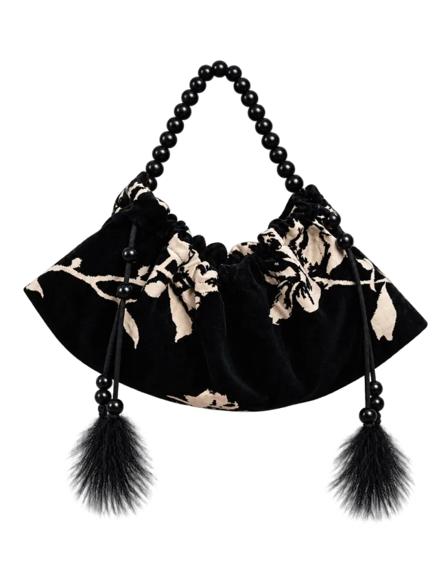 Simonett Floral Jacquard Velvet Bag with Wood-Bead Handle & Fur Tassels