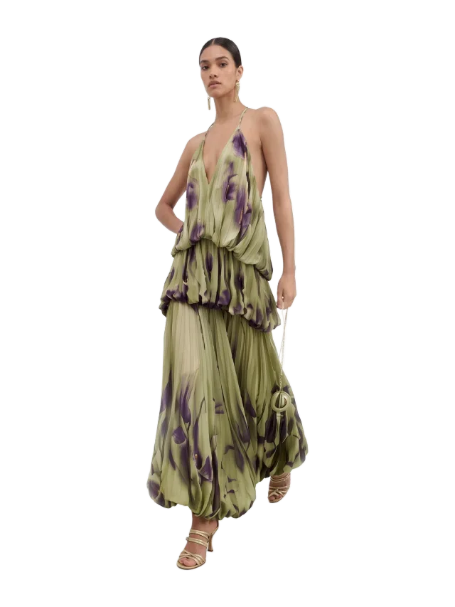 JW Pei Floral Print Plunge-Neck Tiered Bubble-Hem Maxi Dress