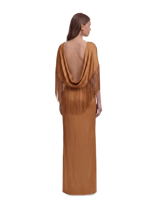 JW Pei Fringe Cape Satin Maxi Dress - Caramel Brown