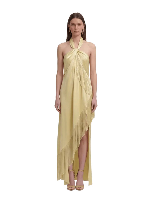 JW Pei Fringe Halter Draped Satin Maxi Dress - Champagne