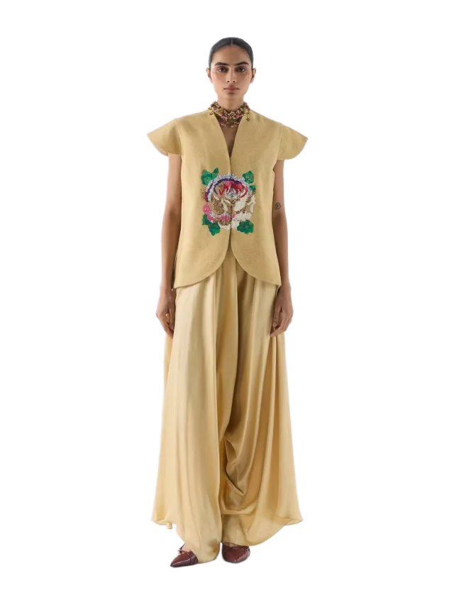 Studio Rigu Gold Garden Rose Vest and Dhoti Pants