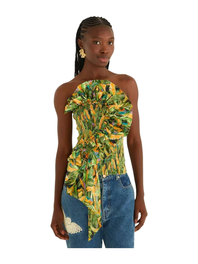 Green Forest Parrots Smocked Ruffled Strapless Top