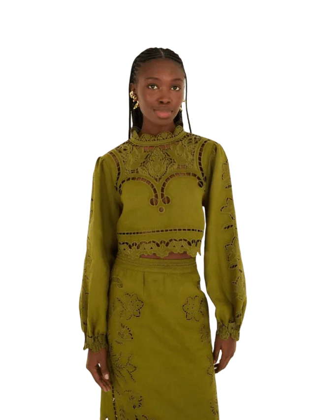 Farm Rio Green Majestic Garden Euroflax™ Premium Linen Richelieu Blouse