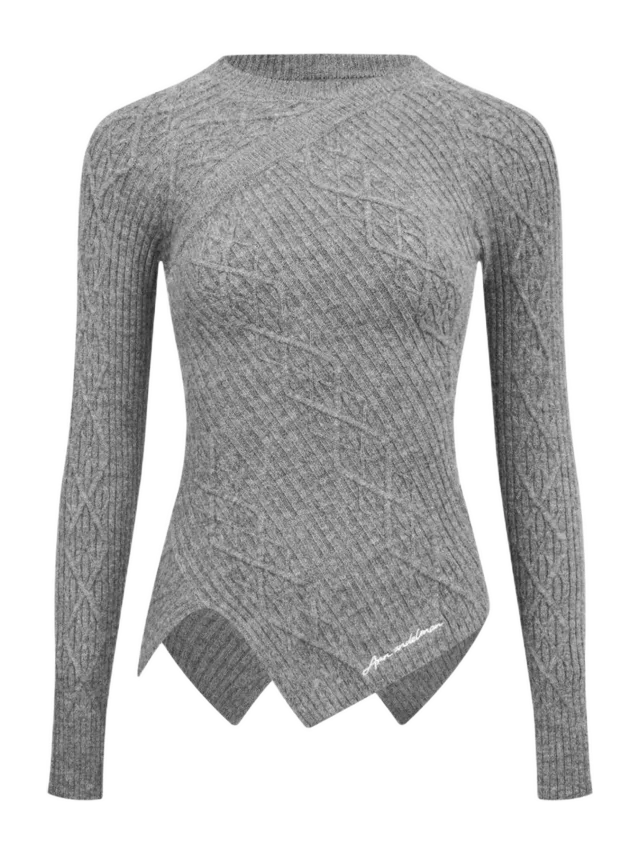 Ann Andelman Grey Crew Neck Diamond Cable Sweater