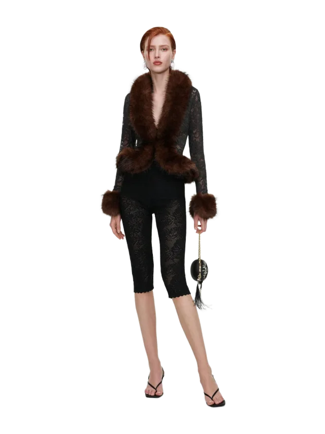 Self-Portrait Grey Lace Fur Collar Top