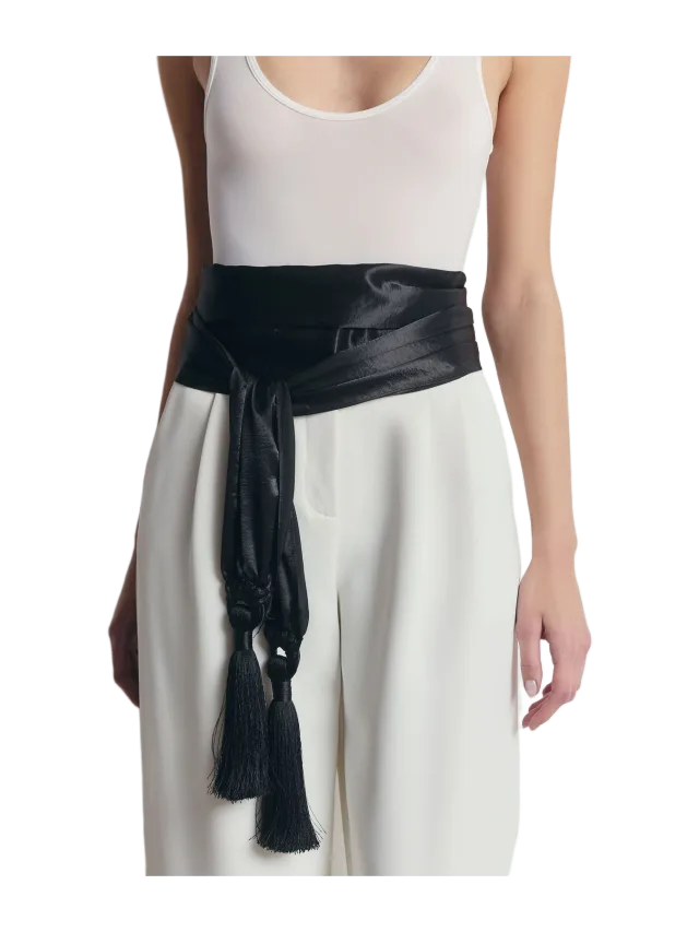 Because of Alice High Gloss Satin Tassel Shawl - Black