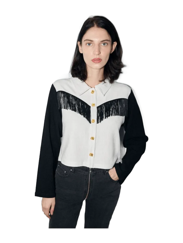 Fashion Brand Company High Roller Thick Linen Fringe Shirt Jacket Black/White