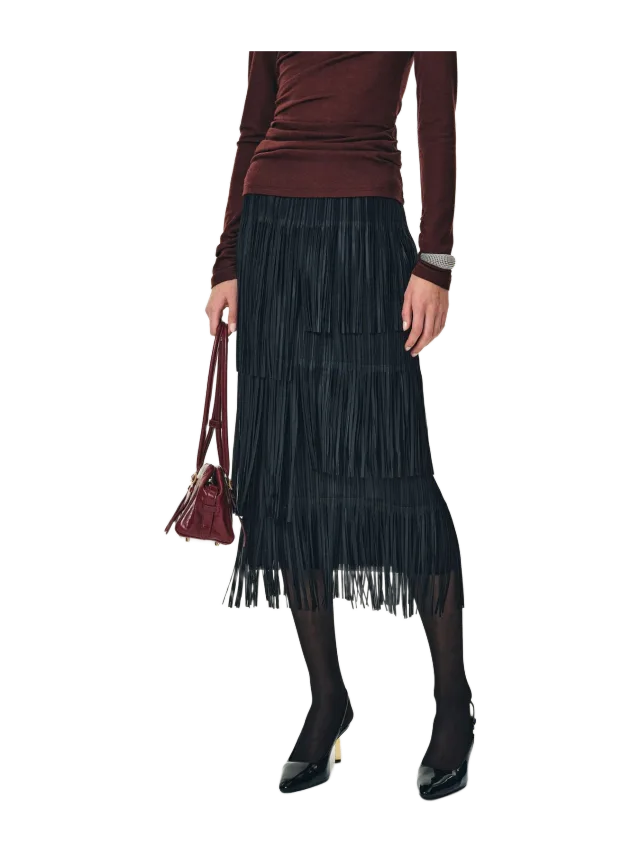 Fabrique Hilda Ruched Asymmetric Fringe Skirt