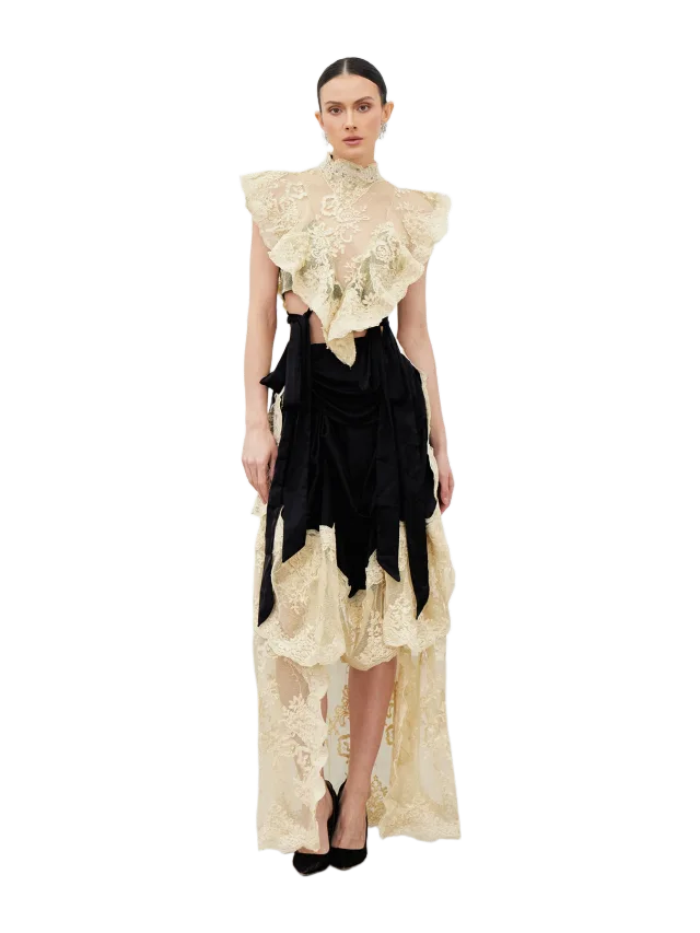 Innovare Denim Iair Sleeveless Lace Ruffle Maxi Dress
