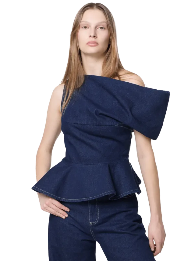 INDIGO DENIM OFF SHOULDER ASYMMETRIC TOP