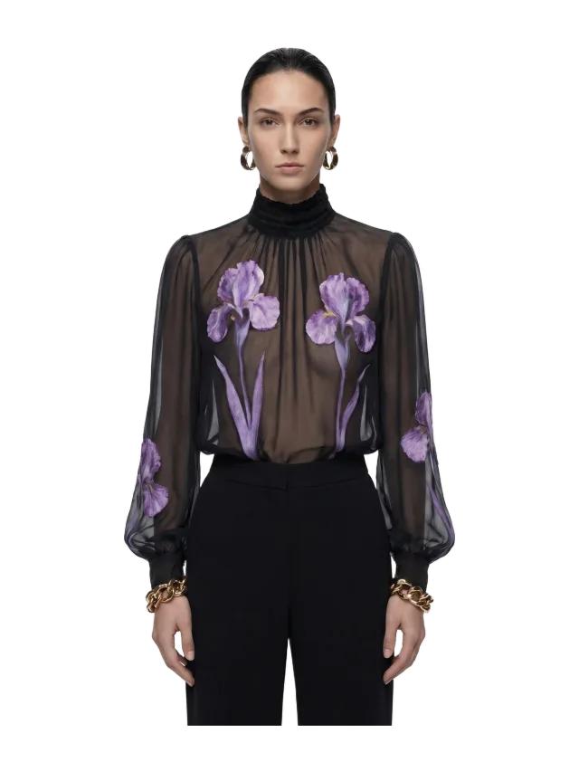 JW Pei Iris Print Sheer High Neck Blouse - Black/Purple