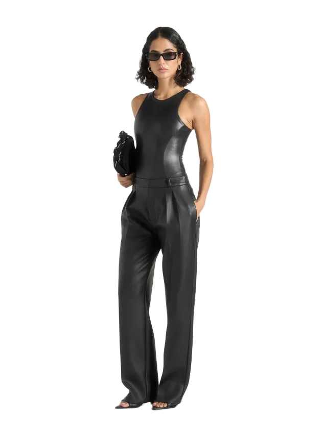 Manière de Voir Josie - Leather Racer Neck Bodysuit - Black