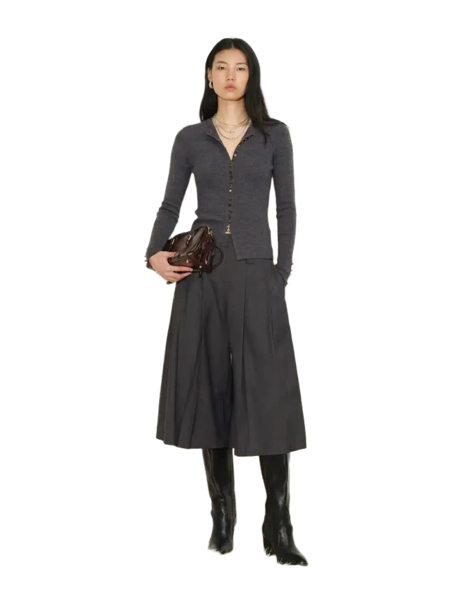Fabrique Kaia Hand Sewn Buttons Fitted Grey Cardigan in Merino Wool Knit