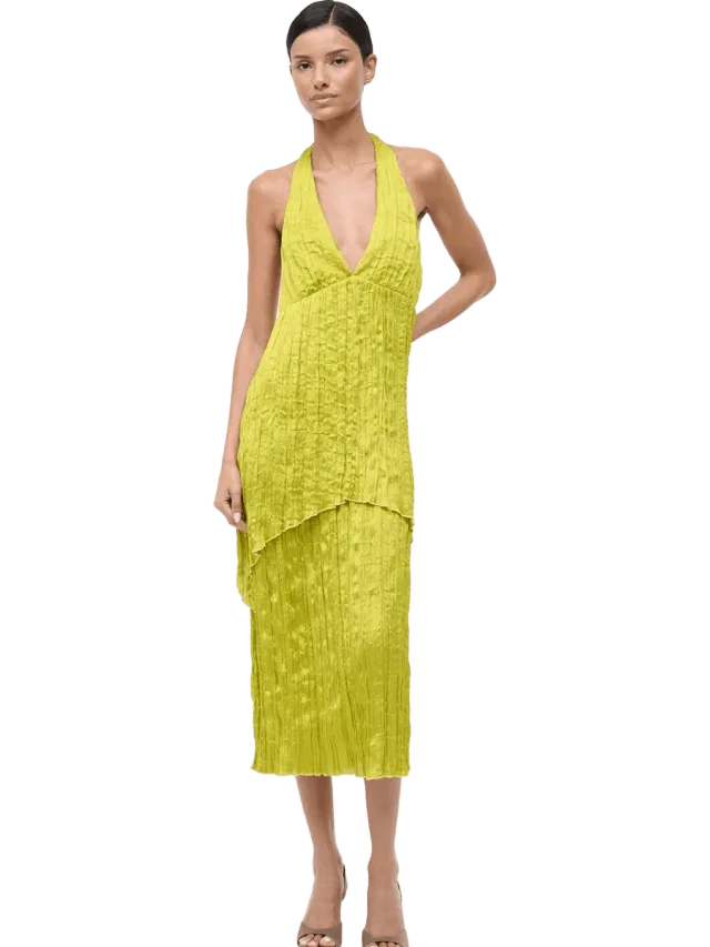 Staud LAURIE DRESS | CHARTREUSE PLISSE