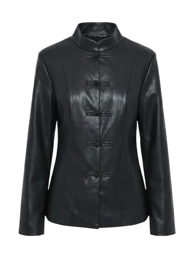 Because of Alice Leather Mandarin Collar Jacket - Black