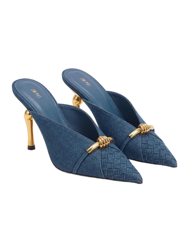 JW Pei Lena Metal Rope Knot Woven Panel Mules - Denim Blue