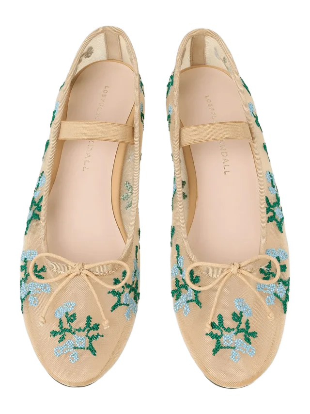 Loeffler Randall Leonie Caramel/Blue Embroidered Ballet Flat