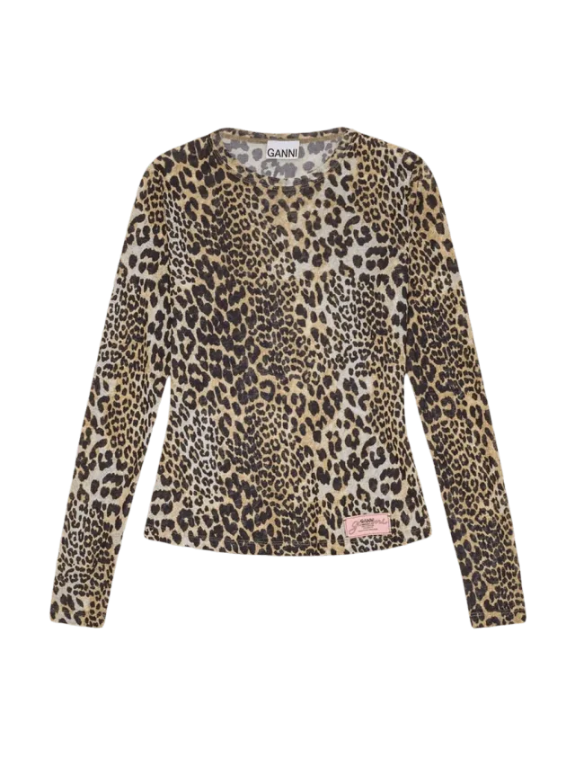 GANNI Leopard Printed Mesh Long Sleeve Blouse