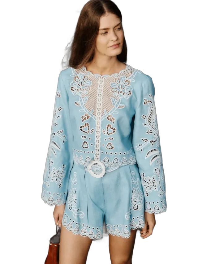 Farm Rio Light Blue Romantic Richelieu Shorts