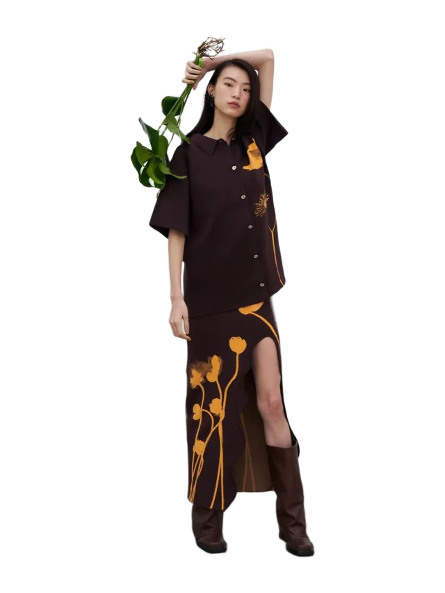 PH5 Lily Flower Print Wavy Midi Skirt