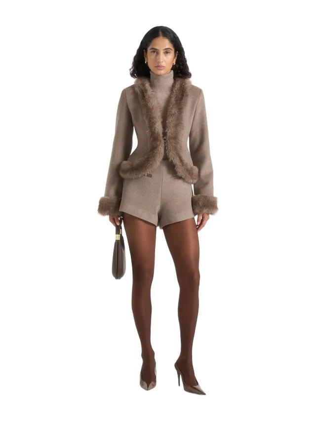 Manière de Voir Lina - Sculpted Wool & Fur Trim Jacket - Taupe