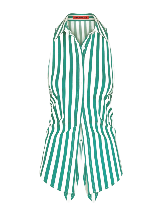 Simon Miller Loch Sleeveless Poplin Button Up In Teal/Cream Stripe