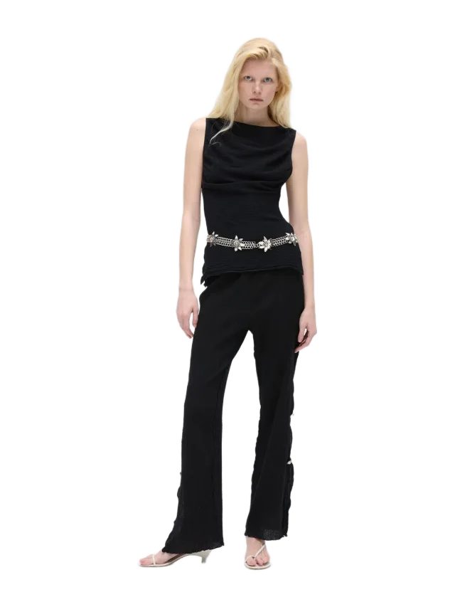 Anim Crinkled Black Pants With Piping