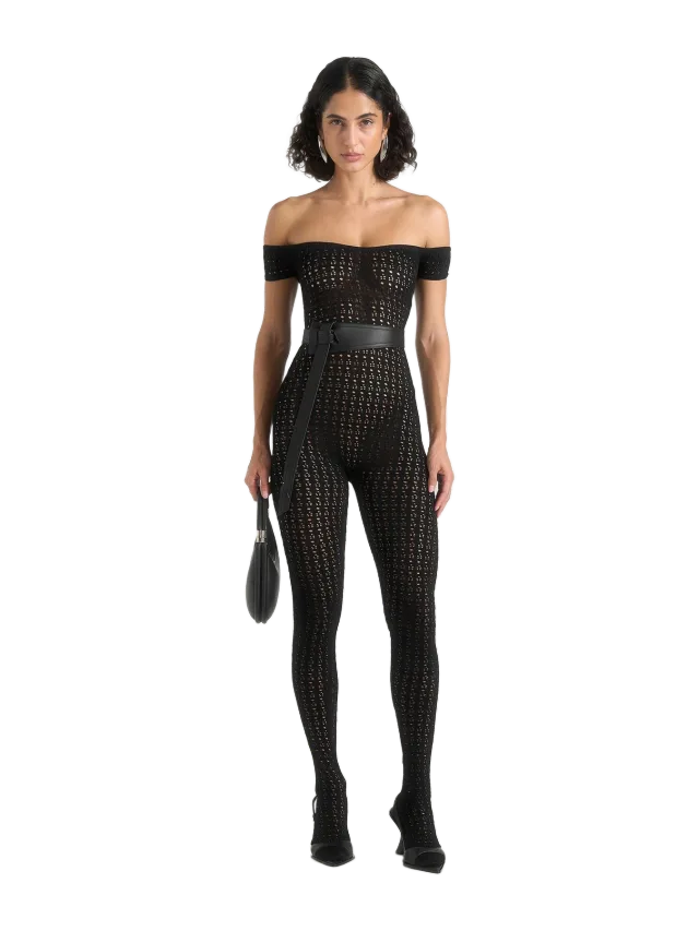 Manière de Voir Martine - Pointelle Knit Off The Shoulder Jumpsuit with Belt - Black