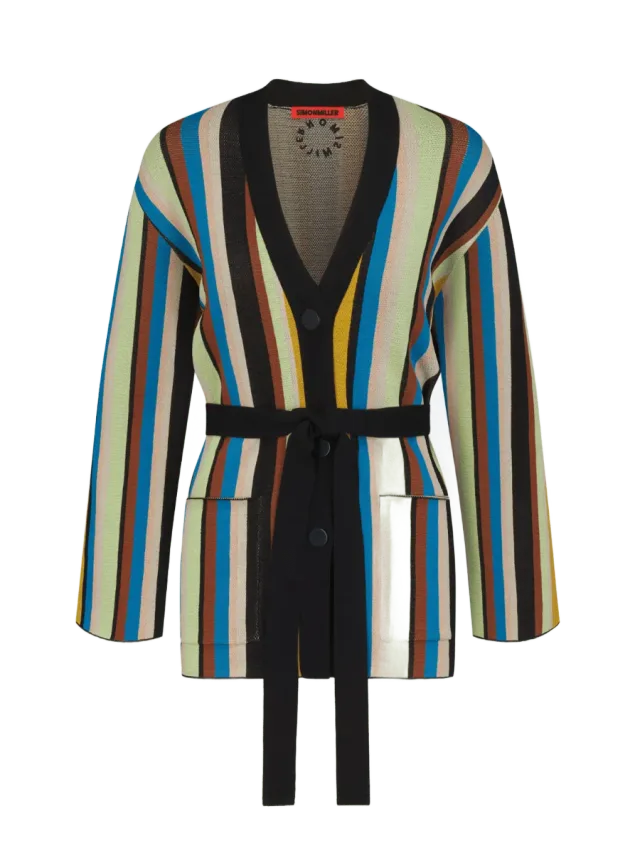 Simon Miller Max Belted Knit Cardigan in Ocean Stripe