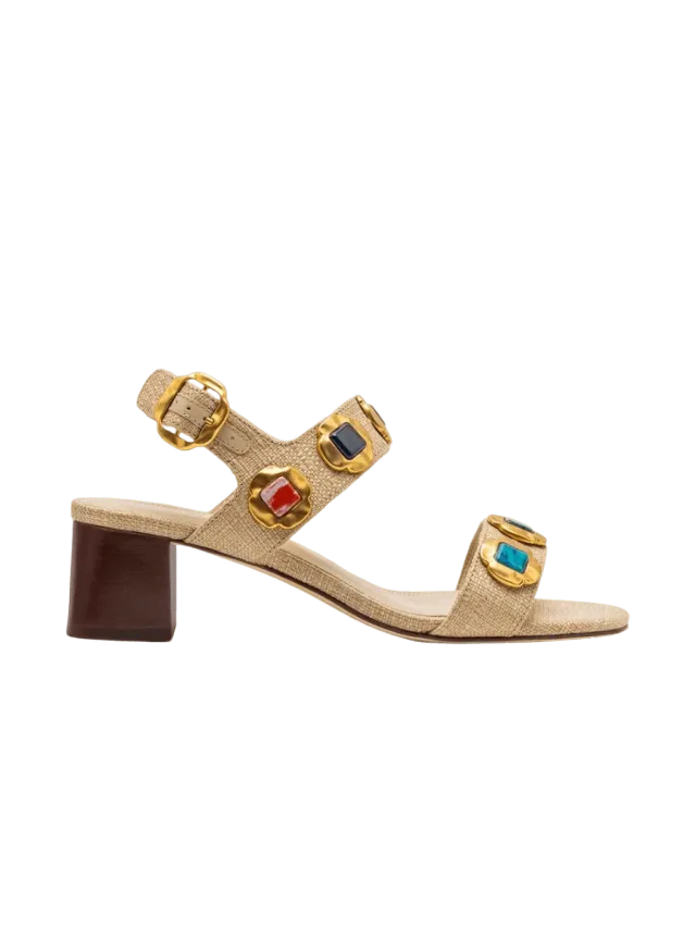 Larroudé Milan Gioiello Block Sandal In Beige Raffia