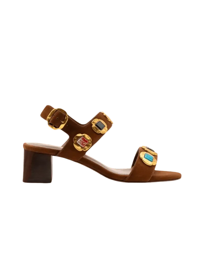 Larroudé Milan Gioiello Block Sandal In Burnt Umber Leather