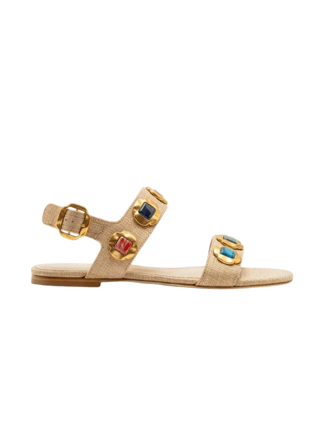 Larroudé Milan Gioiello Flat In Beige Raffia